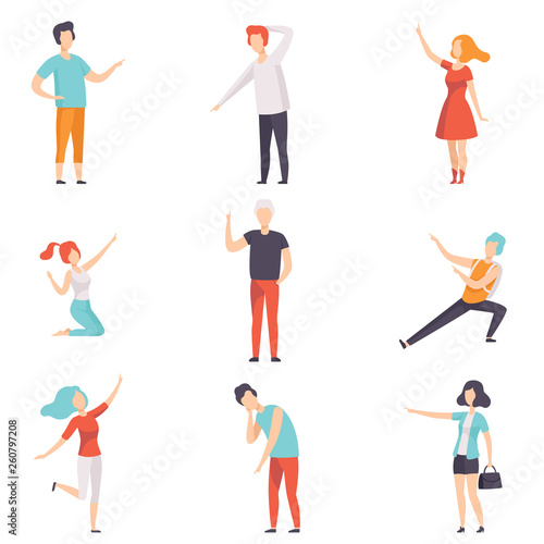 People pointing their finger in different directions set  faceless men and women characters gesturing vector Illustrations on a white background