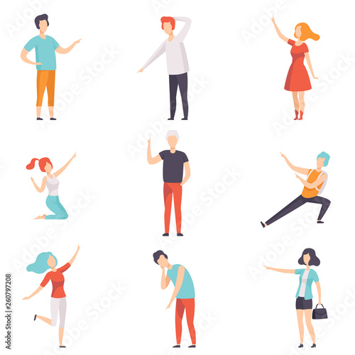 People pointing their finger in different directions set, faceless men and women characters gesturing vector Illustrations on a white background