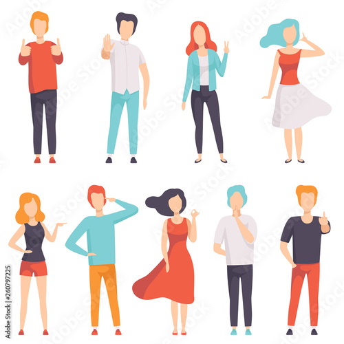 People showing different gestures set, , faceless men and women characters gesturing vector Illustration on a white background