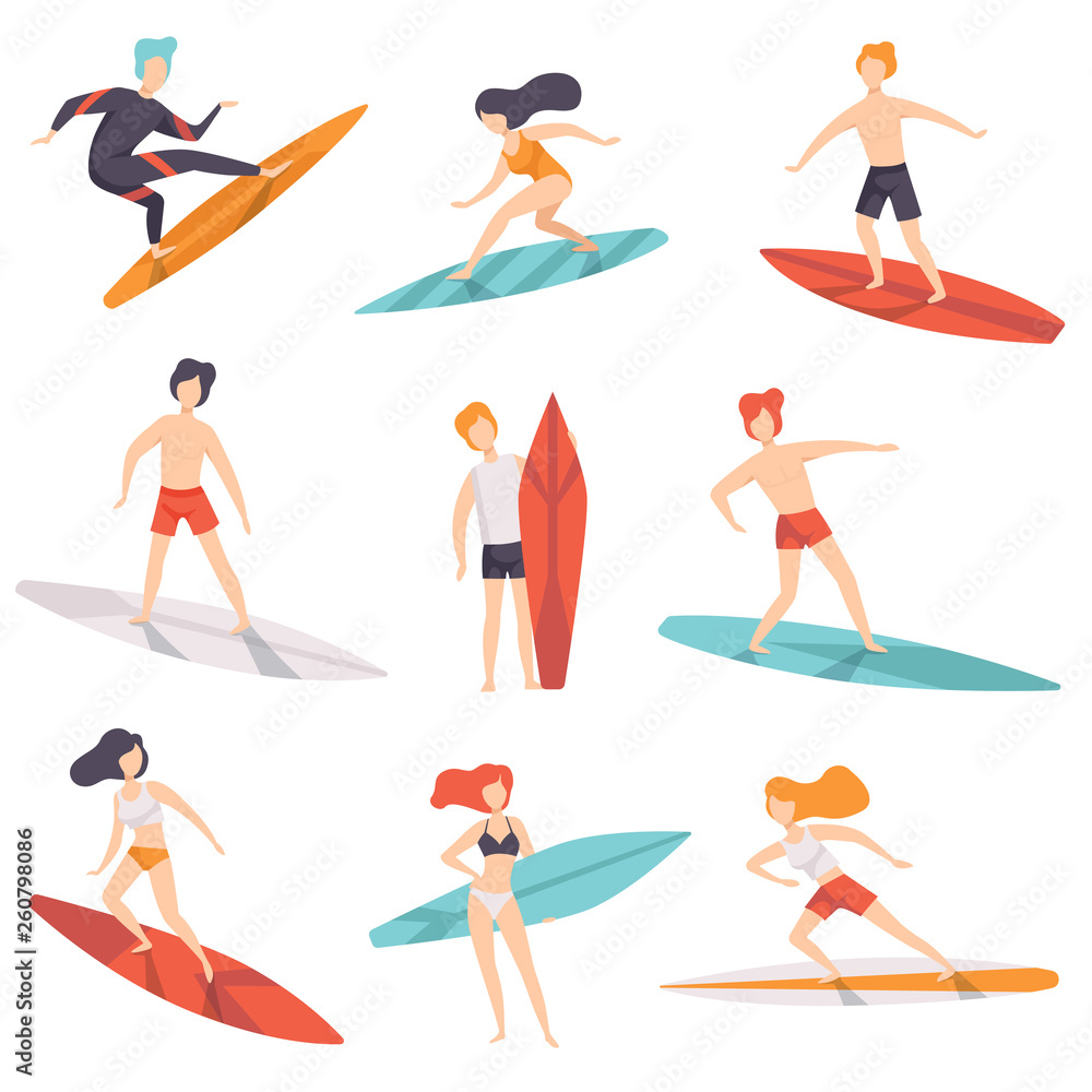 Surfer people riding surfboards set, young women amd men enjoying summer vacation on the sea or ocean vector Illustration on a white background
