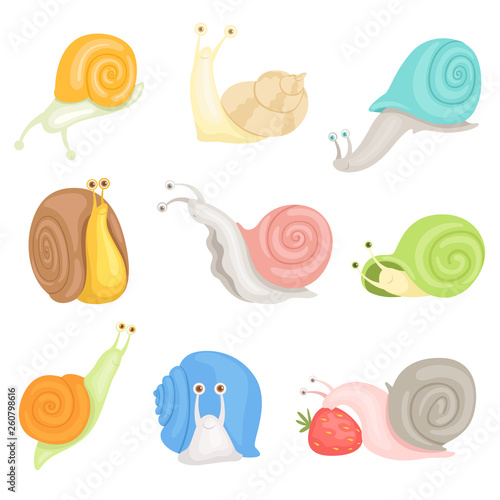 Cheerful little garden snails set, cute clams with colorful shells vector Illustrations on a white background