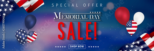Banner for Memorial day sale design. Memorial day sign on a dark blue background with 3d percent symbol. Vector illustration for business promotion.