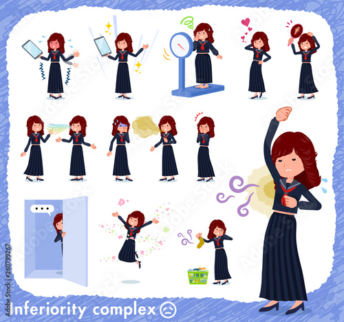 劣等感に関する不良ファッション女性のセット。匂いや容姿に悩んでいるアクションがあります。編集が容易なベクターアートです。.
