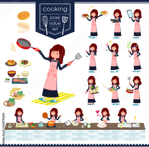 料理に関する不良ファッション女性のセット。キッチンで様々な方法で調理をしているアクションがあります。編集が容易なベクターアートです。.