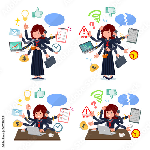 オフィスでマルチタスクをこなす不良ファッション女性のセット。スムーズにこなすものと、慌てているパターンがあります。編集が容易なベクターアートです。.