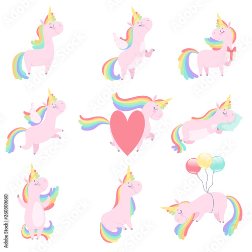 Lovely unicorn set, cute fantasy animal character with rainbow hair vector Illustrations on a white background