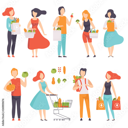 People with bags with healthy food, men and women doing shopping at the grocery shop vector Illustration on a white background