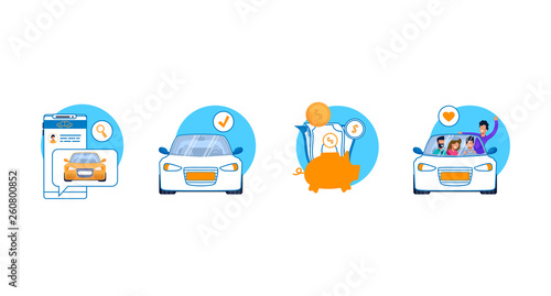 Car Service Icon Set. Carshare, Carpool Mobile App