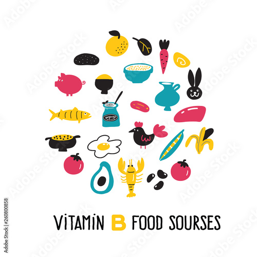 Vitamin B complex food sources. Vector cartoon illustration in circle.