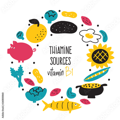 Vitamin B 1 food sources, thiamine. Vector cartoon illustration. Round composition.