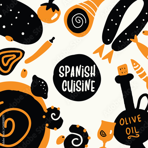 Spanish cuisine. Hand drawn illustration, made in vector. Menu template.