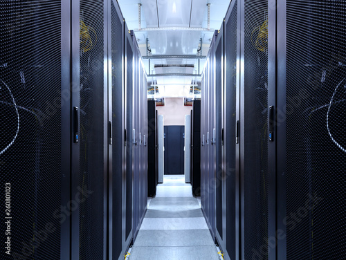 Server room data center network for virtual hosting services. Corridor inside with racks of supercomputers mainframe and high speed connection visualisation. Datacenter cloud cluster