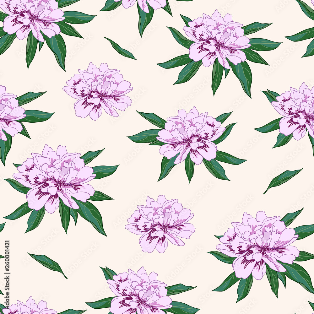 Vector seamless pattern with pink peony flowers on beige background.