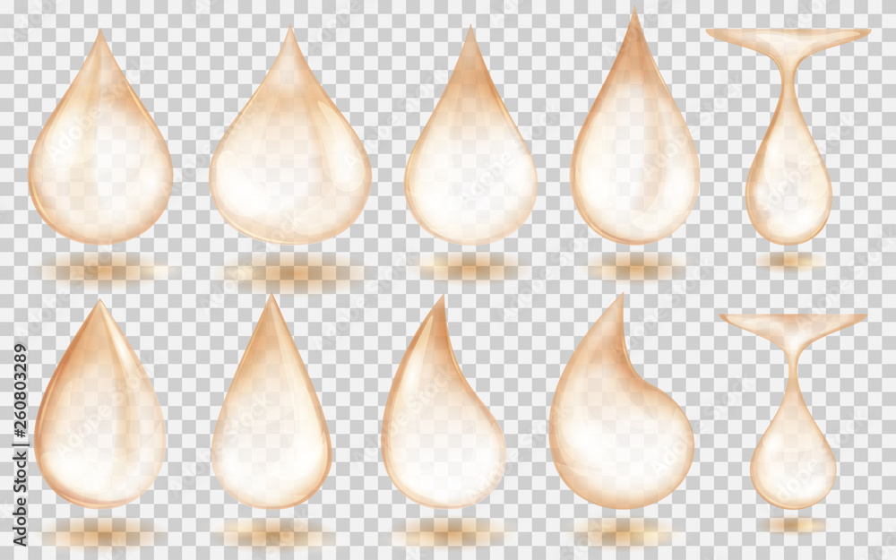 Set of translucent water drops in beige colors in various shapes, isolated on transparent background. Transparency only in vector format Set of translucent water drops in beige colors in various shapes, isolated on transparent background. Transparency only in vector format