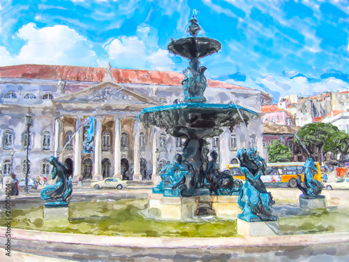 Lisbon in portugal with place called Rossio in the district names Baixa. Water color illustration
