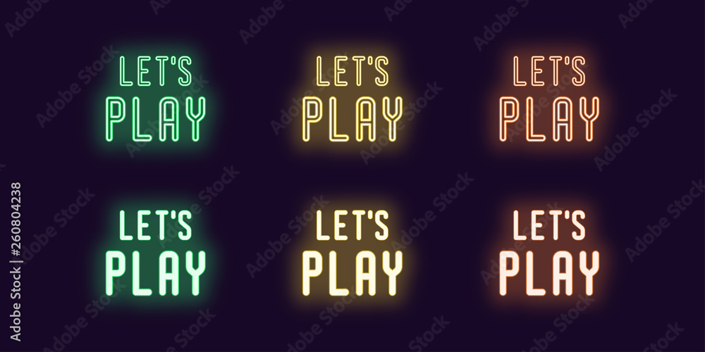 Neon icon set with text Lets play. Vector Neon icon set with text Lets play. Vector