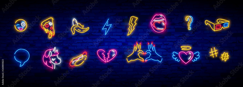 Fototapeta Zestaw ikon pop-artu. Pop-artu neon. Jasny szyld, lekki baner. Neon na białym tle ikona, godło. Serce, diament, pizza, uśmiech, ręka, lody, gwiazda, pączki i jednorożec wektor neon ikona