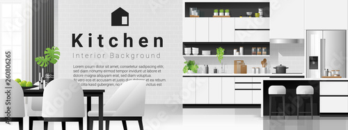 Interior background with modern black and white kitchen , vector , illustration