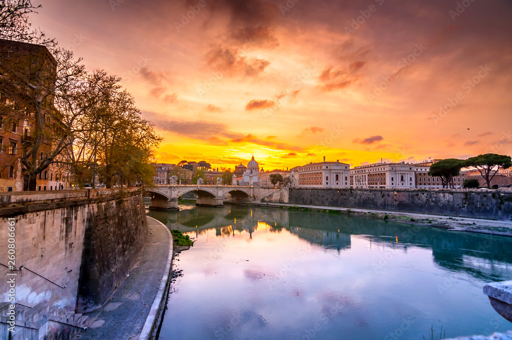 Sunset view on Tiber River Rome, Italy