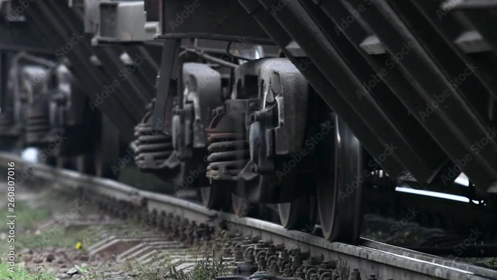 Train wheel close up on railway track. Slow motion Train wheel close up on railway track. Slow motion