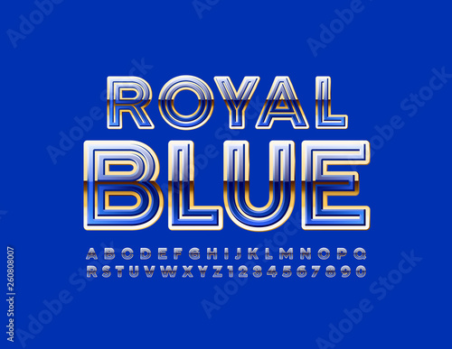 Vector Royal Blue Alphabet Letters and Numbers. Golden Uppercase Font