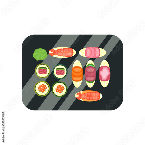 Tray with sushi and sashimi set flat icon. Dinner, Japanese restaurant, raw fish dish. Asian food concept.Vector illustration can be used for topics like food, menu, traditional cuisine