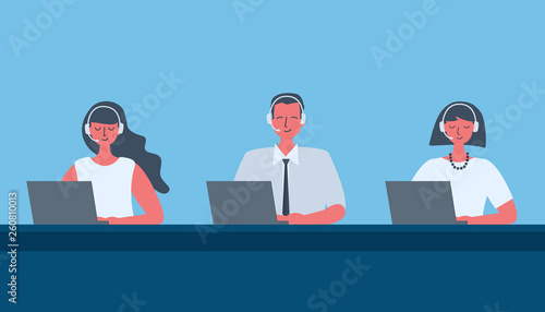 Web banner of call center workers. Young man and women in headphones sitting at the table on a blue background. People icons. Funky flat style. Vector illustration.