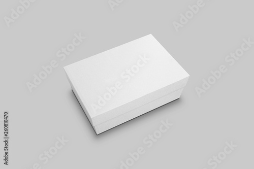 Realistic White Blank Shoe Box, isolated on soft gray background. Mock-up for your design.3D rendering.