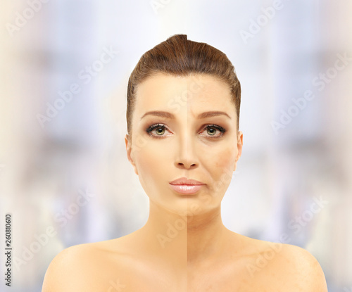 Aging. Mature woman-young woman.Face with skin problem.Showing photos before and after