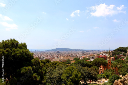 Aerial view of Barcelona from Park G  ell with The Gaudi House Museum in the foreground.