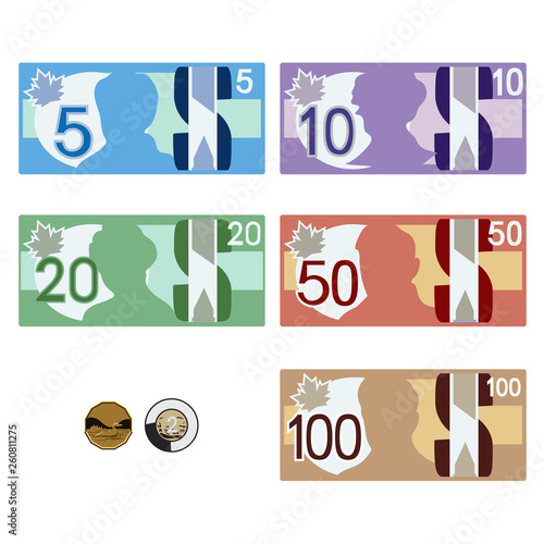 Canadian style money bills  five ten twenty fifty  one hundred & coins one & two dollars