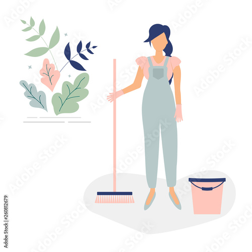 Cute cleaner woman in blue overalls like a cinderella with sweeping brush and bucket.Decorated beautiful leaves and branches.Vector illustration.For ad,logo for cleaning company,leaflets,flyers