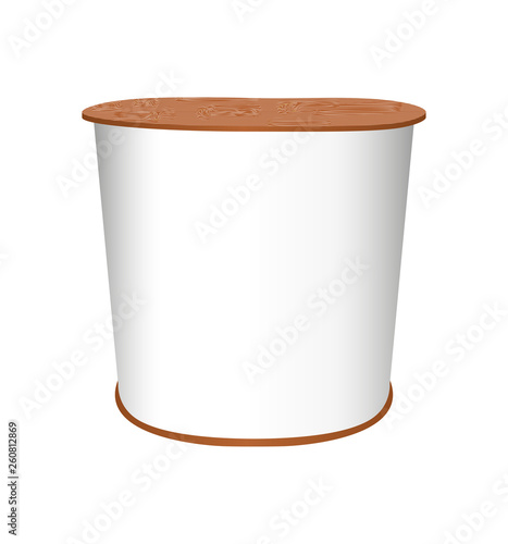 Vector blank exhibition event presentation table with wooden elements. Promotion retail trade stand or promotion counter. Mockup or template isolated on a white background.