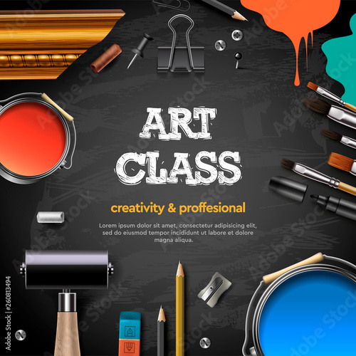 Art Class, studio, course, school, education. Banner or poster with black chalkboard background, hand drawn letters, pencil, brush, paints. Vector illustration.