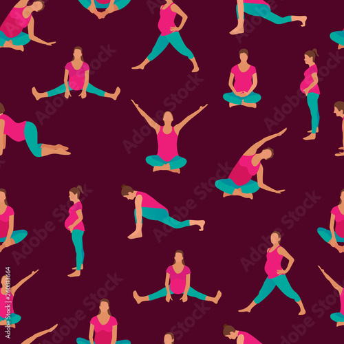 Pregnant woman exercise yoga seamless pattern in a modern cartoon style.