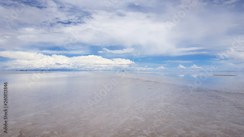 The Salar de Uyuni flooded after the rains  Bolivia. Clouds reflected in the water of the Salar de Uyuni  Bolivia