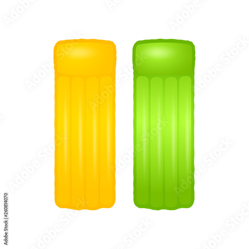 Inflatable beach mattress. Green and yellow mattresses for swimming in pool. Can be used for topics like vacation, party, relaxation