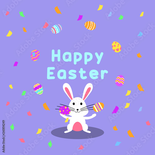 Funny and Colorful Happy Easter greeting card and party with rabbit  bunny illustration eggs  confetti and text