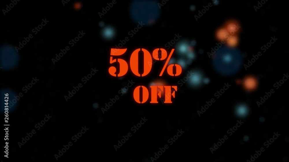 Big sale promotion video. Text explodes into light particles with 50% off text shown at the end. Black background with yellow and orange light effects. Special price offer, marketing discount shopping Big sale promotion video. Text explodes into light particles with 50% off text shown at the end. Black background with yellow and orange light effects. Special price offer, marketing discount shopping