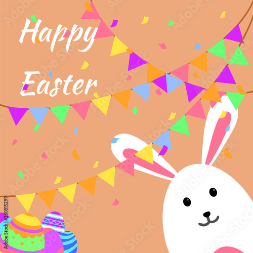 Funny and Colorful Happy Easter greeting card and party with rabbit, bunny illustration,eggs, banner, flag, confetti party and text