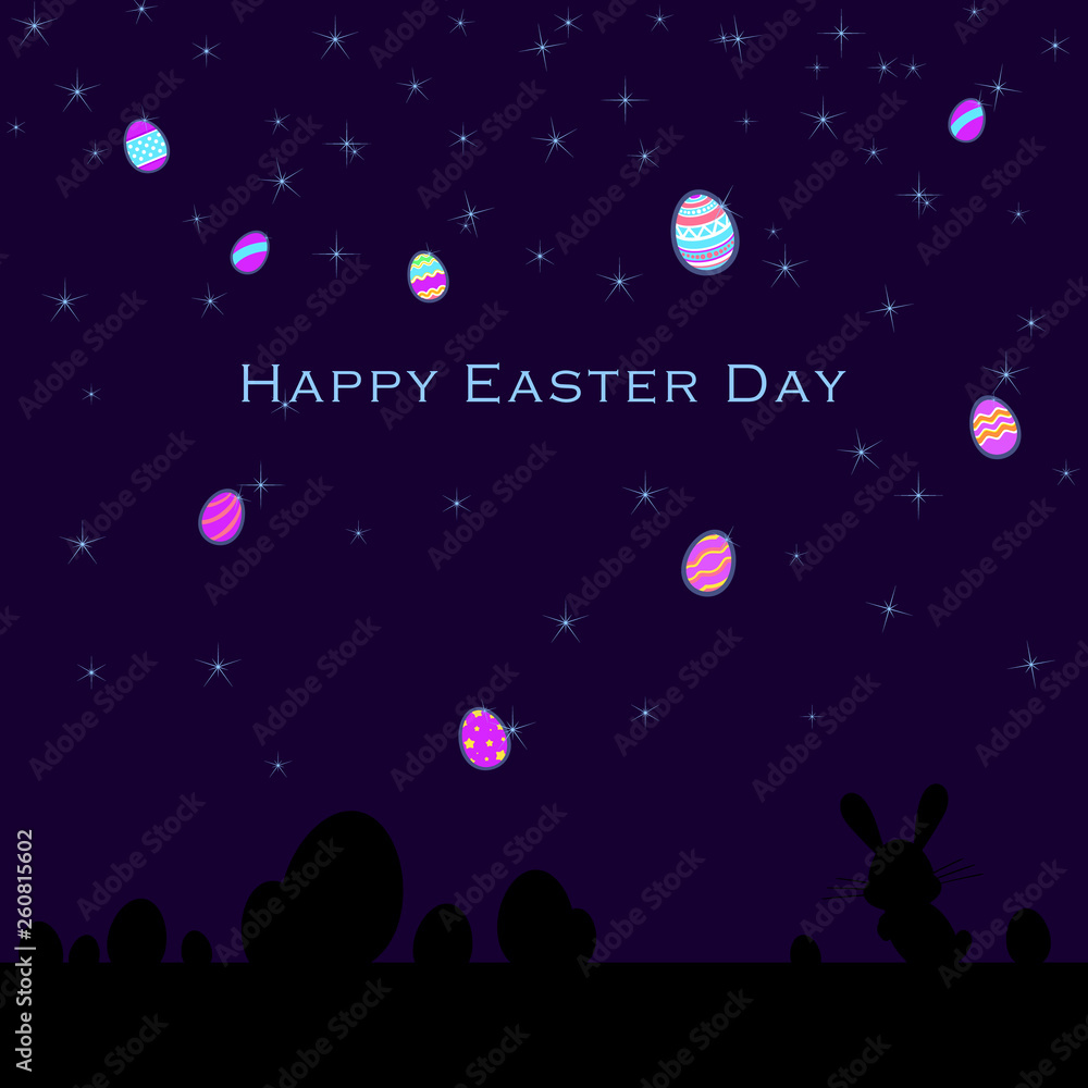 Fototapeta premium Funny and Colorful Happy Easter greeting card with silhouette of rabbit, bunny,eggs illustration, stars and text. can use for easter day banner and space topic
