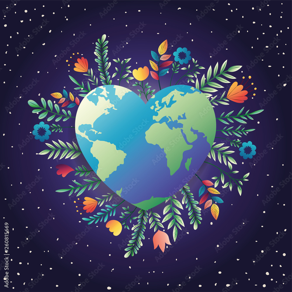 Naklejka premium world planet earth heart with floral decoration