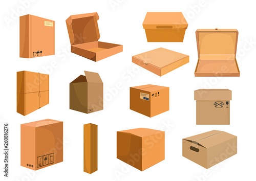 Cardboard boxes set. Collection for food delivery and furniture packaging. Can be used for topics like moving, delivery, distribution storage