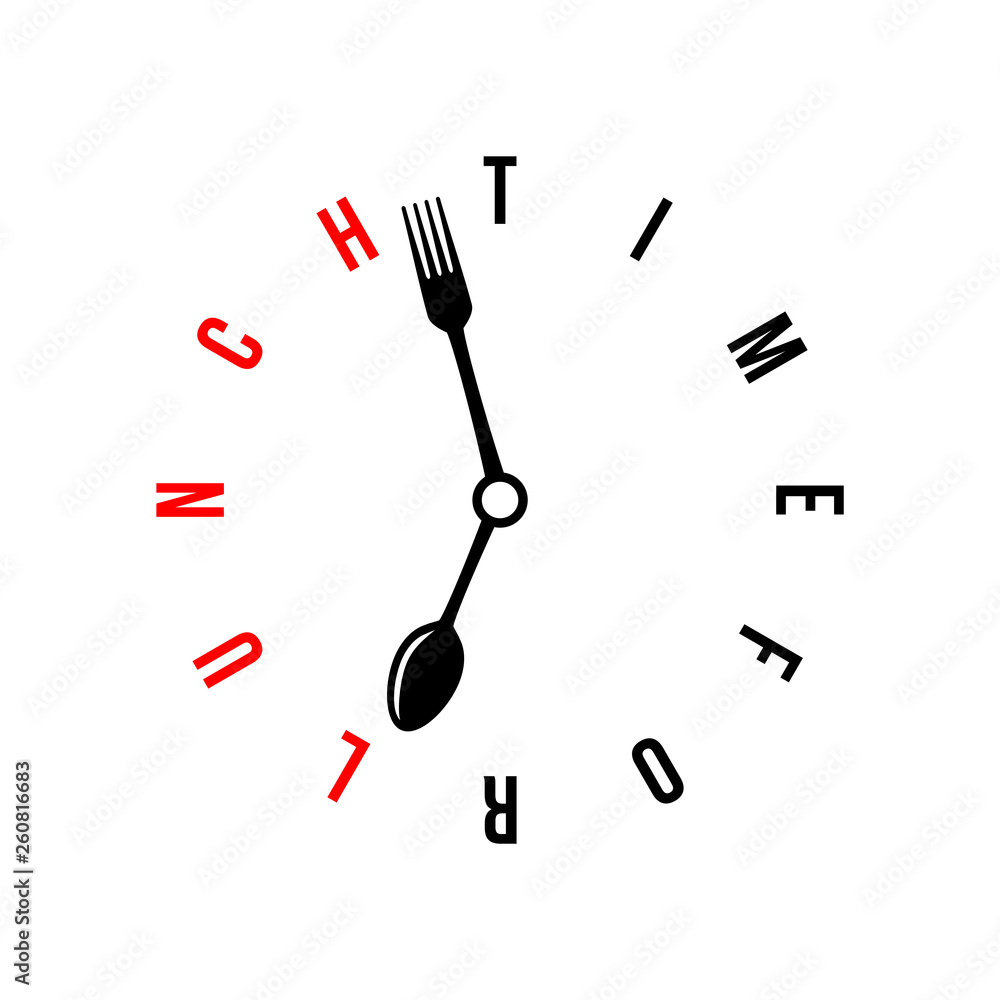 Fototapeta premium Time for lunch, conceptual minimalistic vector watch with stylized clock hands like spoon and fork
