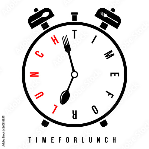 Time for lunch, breakfast alarm at 7 am. Conceptual vector alarm clock with stylized clock hands like spoon and fork