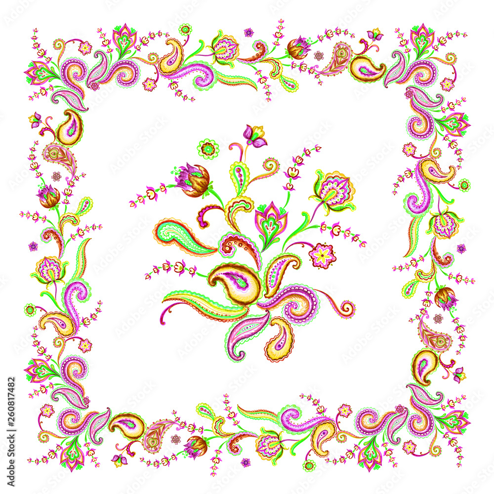 Print for a scarf and other designs with abstract paisley-style flowers, watercolor illustration.