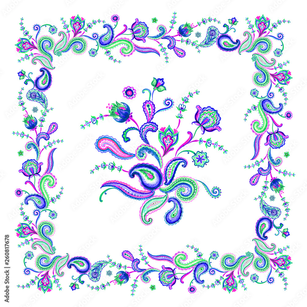Print for a scarf and other designs with abstract paisley-style flowers in blue tones, watercolor illustration.