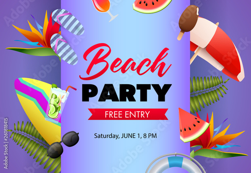 Beach party poster design. Flip-flops, watermelon, cocktail, surfboard and palm leaves on lilac background. Vector illustration can be used for banners, flyers, invitations