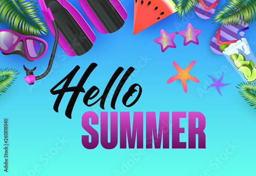 Hello summer bright poster design. Starfish, watermelon, diving mask, flippers on blue background. Vector illustration can be used for banners, flyers, greeting cards