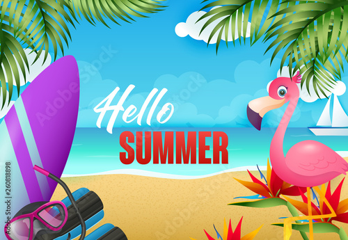 Hello summer flyer design. Flamingo, surfboard, diving mask on tropical beach with sea and sail boat in background. Vector illustration can be used for resort banners, travel posters, greeting cards